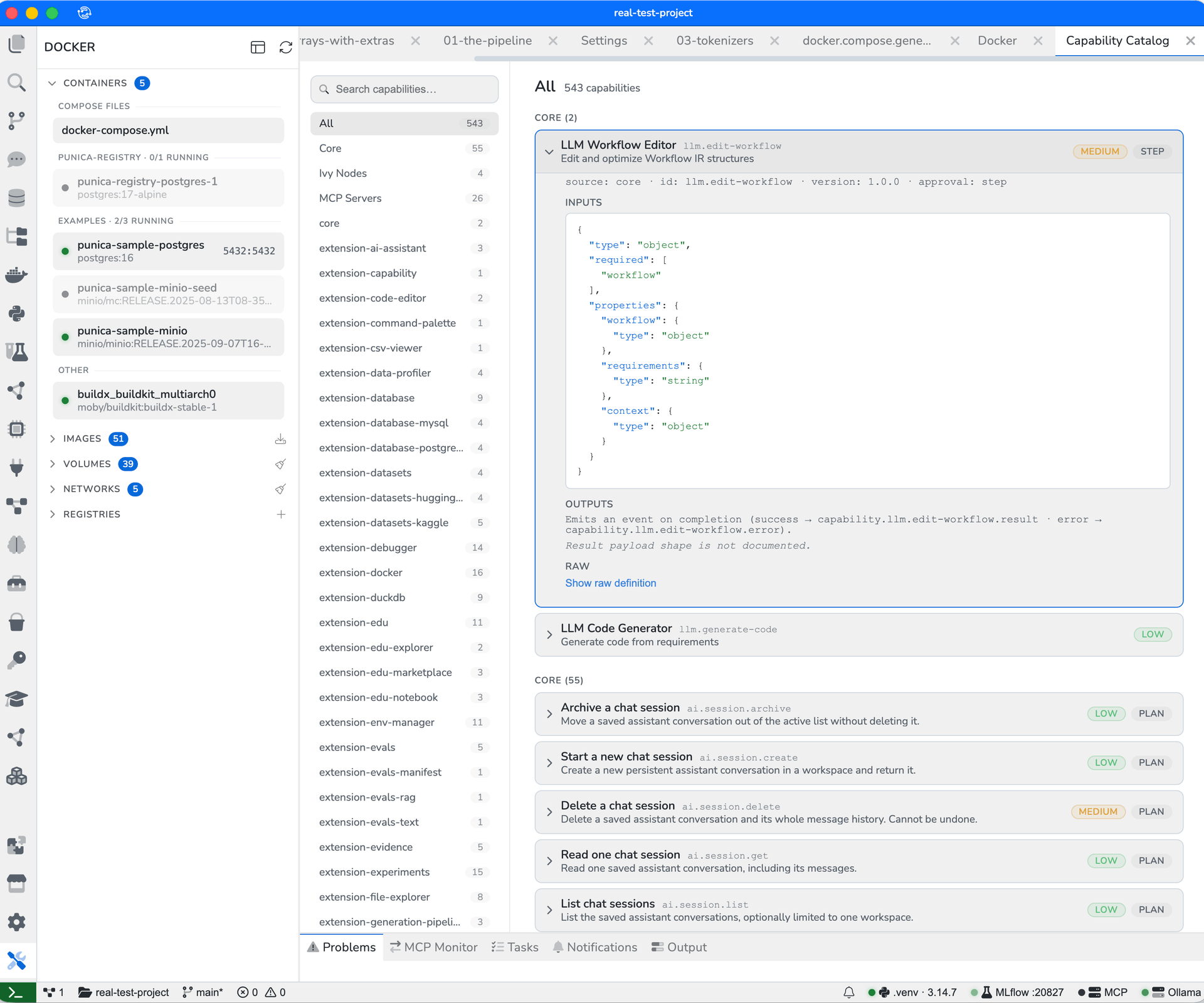 The Capability Catalog: 543 capabilities filtered by source, with MCP Servers among the sources. The LLM Workflow Editor capability is expanded to show its id, version, an approval level of "step" and the JSON schema of its inputs.