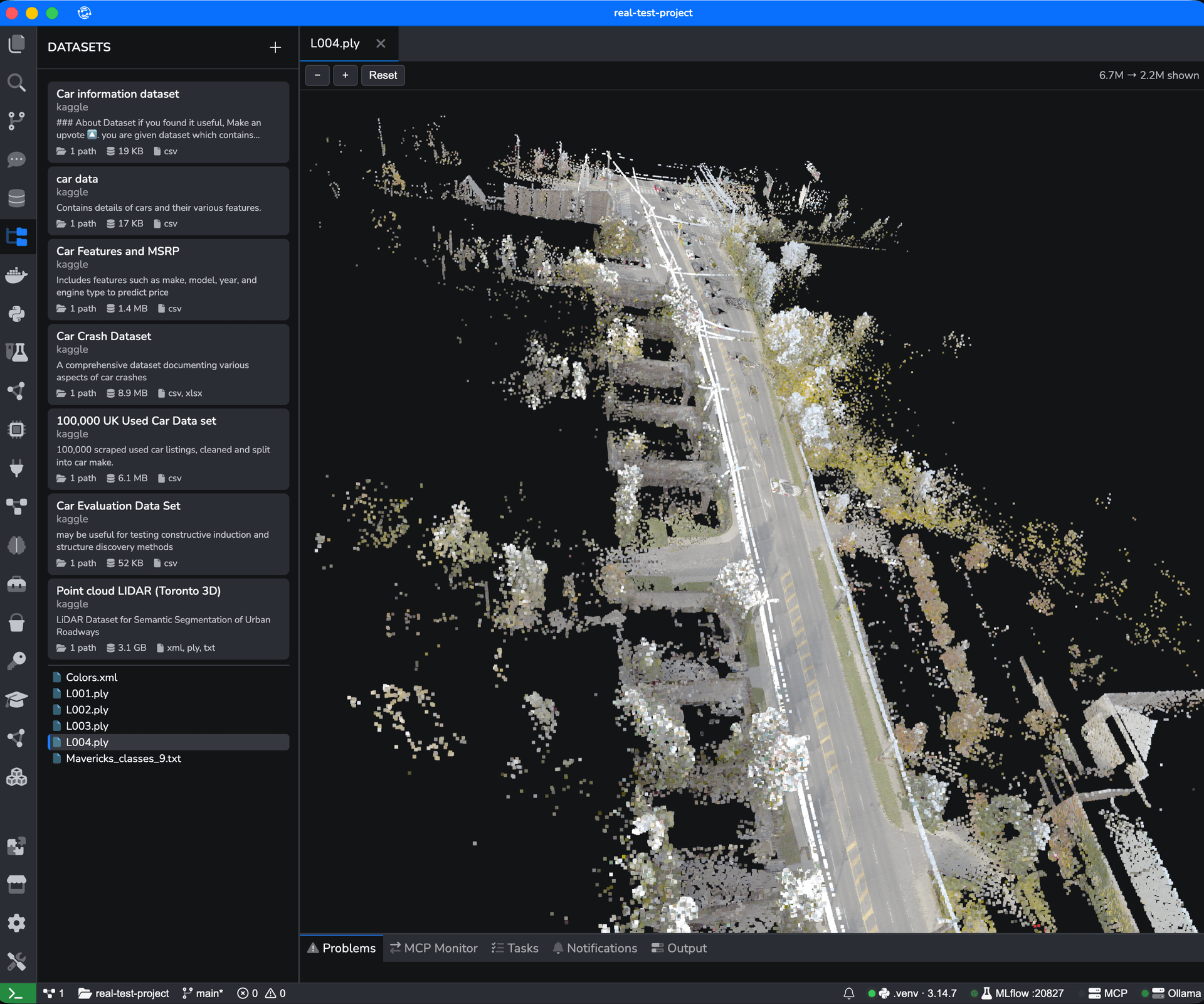 The Datasets panel listing seven Kaggle datasets with their size and file types, beside a 3D viewer rendering a LIDAR point cloud of an urban road, 6.7 million points reduced to 2.2 million on screen.