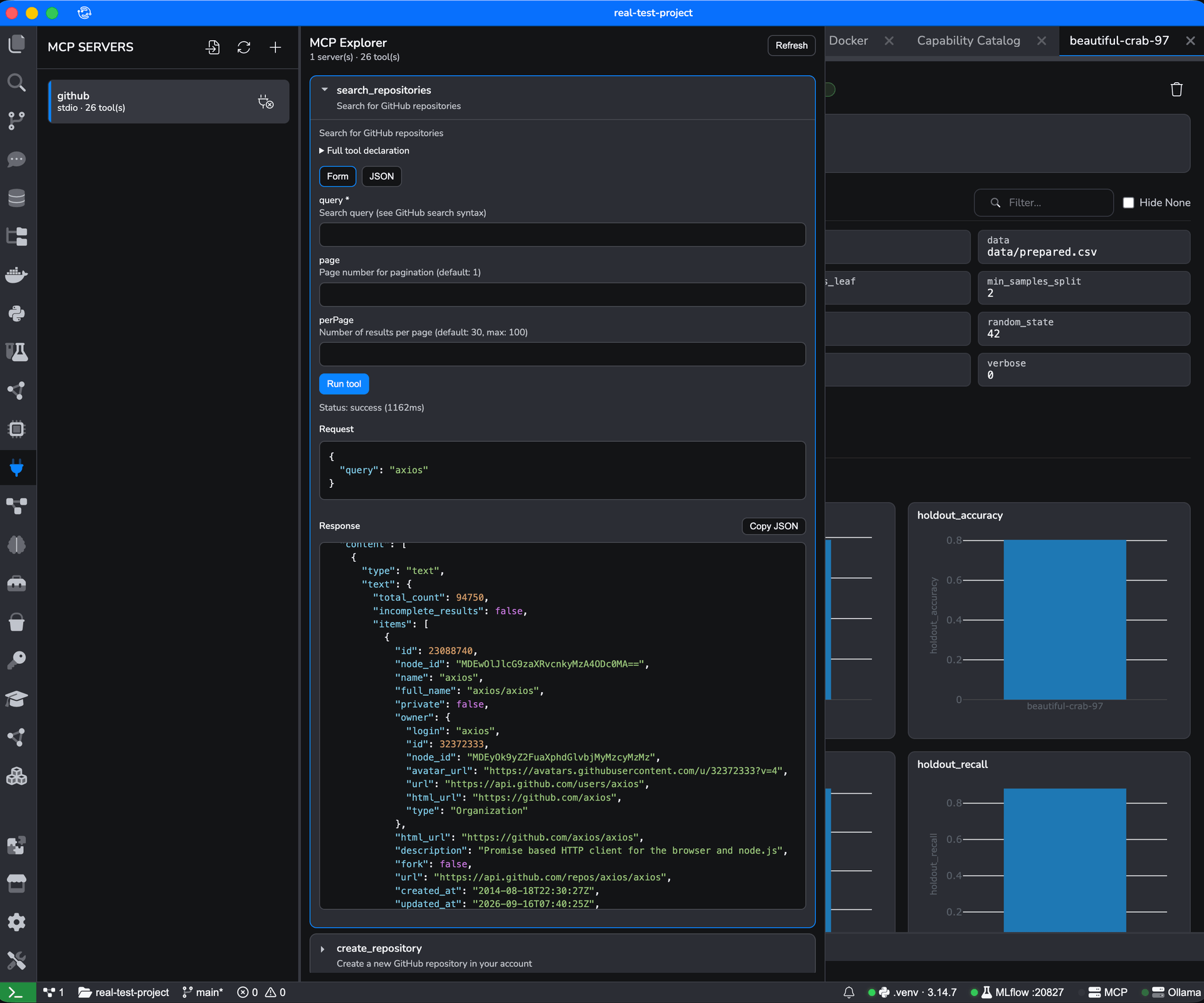 MCP Explorer with a GitHub server connected over stdio, 26 tools listed. Its search_repositories tool has been run from a form: the request JSON with query "axios" and the response JSON with total_count and the first repository are shown below the Run tool button.