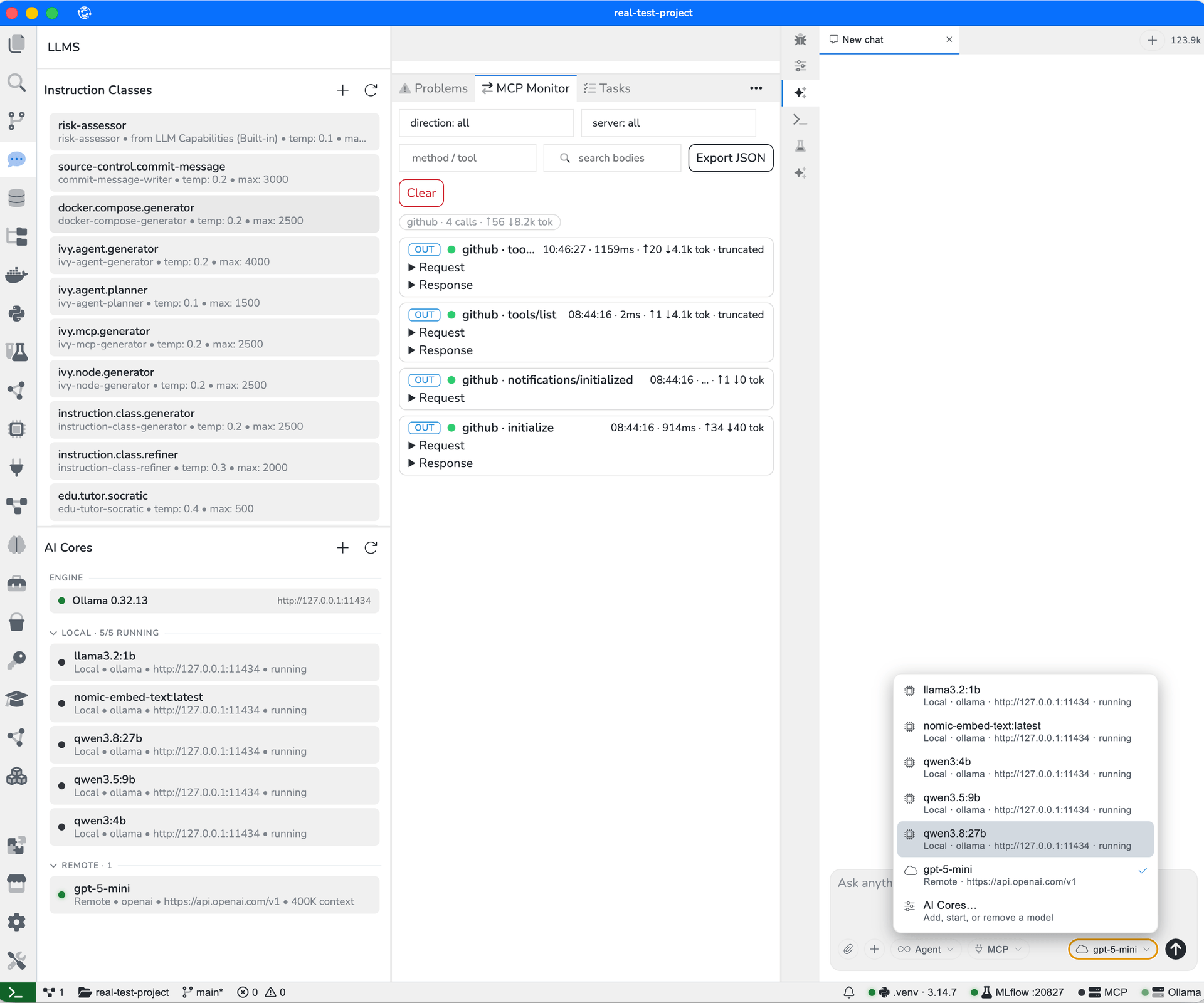 The MCP Monitor panel listing four outbound calls to the github server — initialize, notifications/initialized, tools/list and a tool call — each with its time, duration and token counts, beside a chat panel whose model picker lists five local Ollama models and one remote model.