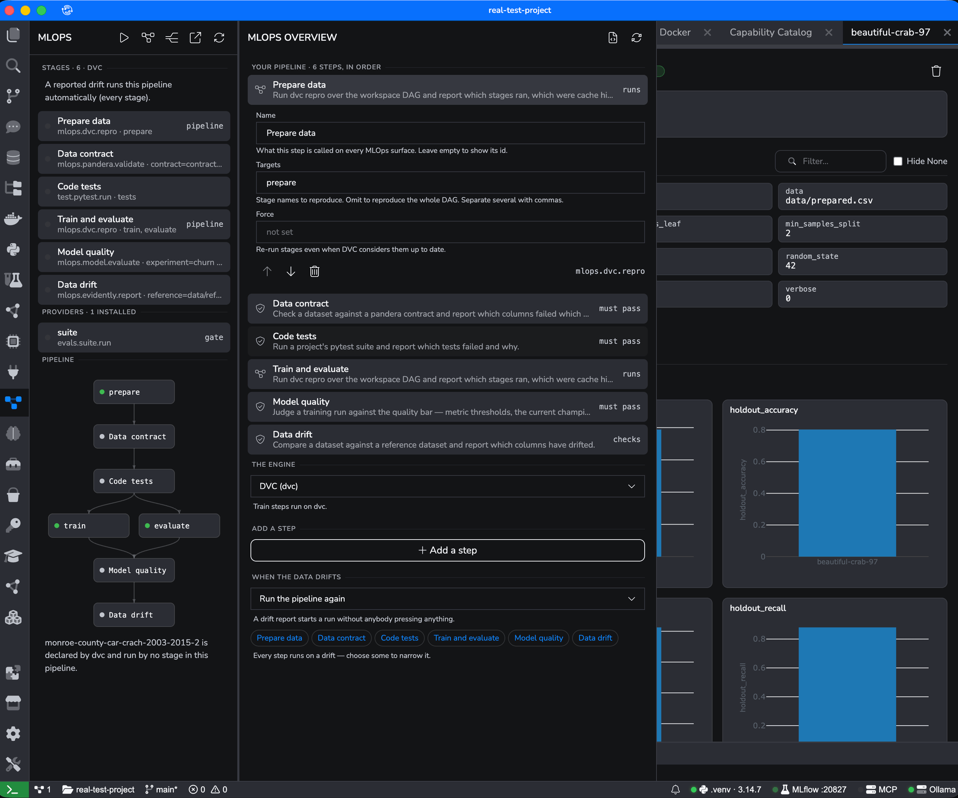 The MLOps panel: six DVC stages — prepare data, data contract, code tests, train and evaluate, model quality, data drift — drawn as a pipeline graph, and an overview form editing the Prepare data step with its name, targets and force fields, the DVC engine, and a rule to run the pipeline again when the data drifts.